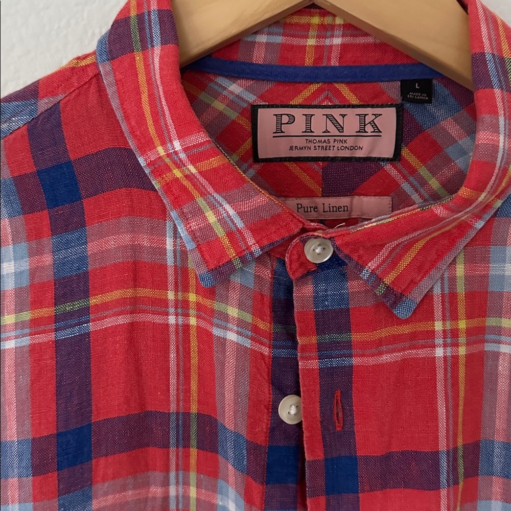 PINK Thomas Pink multicolor plaid linen long sleeve button-down shirt men's L